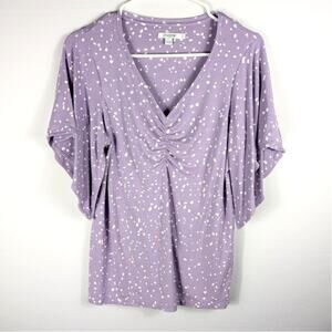 Chicos 0 Womens Purple Ruched Top Short Sleeve Rayon Spandex Dot Print Blouse